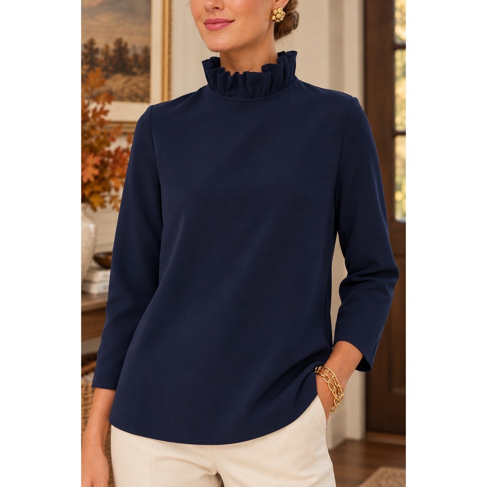 Tuckernuck Faye Navy Ruffle Blouse Tie Bow Back 3/4 Sleeves (MSRP: $128) XL